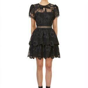 Self-Portrait BLACK LACE GUIPURE TIERED Mini Dress US10